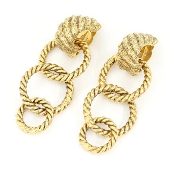 CHANEL Triple Hoop Drop Dangle Earrings Gold Tone 25 Auth w/Box l1043 - Picture 4 of 6